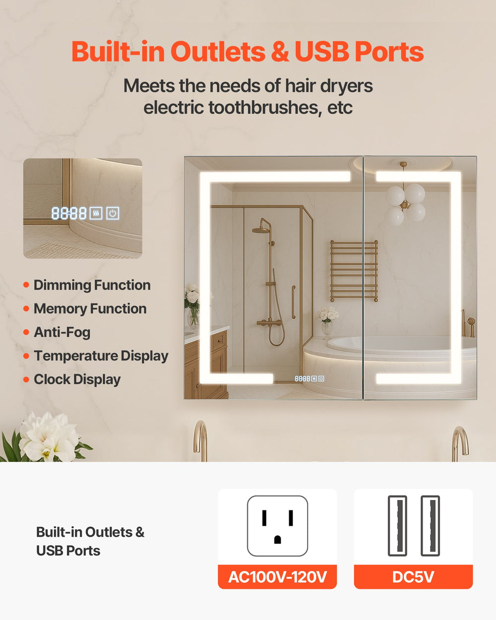 Built-in outlets and USB ports, dimming/memory/anti-fog/temperature/clock display features