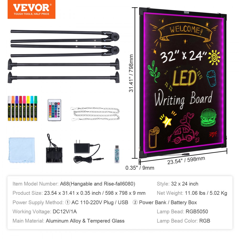 VEVOR LED Message Writing Board, 32"x24" Illuminated Erasable Lighted Chalkboard, Neon Effect Menu Sign Board, Drawing Board with 8 Fluorescent Chalk Markers and Remote Contro Tested toStandards