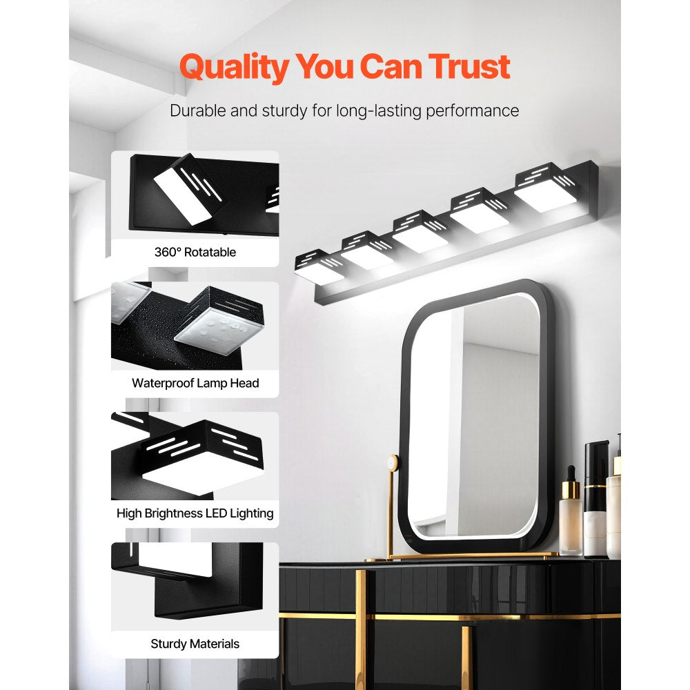 VEVOR 5-Light LED Modern Vanity Light Fixtures, 33.46-Inch, Black Finish Bathroom Wall Lighting Fixture Over Mirror, with IP44 Waterproof, for Bathroom, Living Room, Bedroom, Hallway, Cool White 6000K