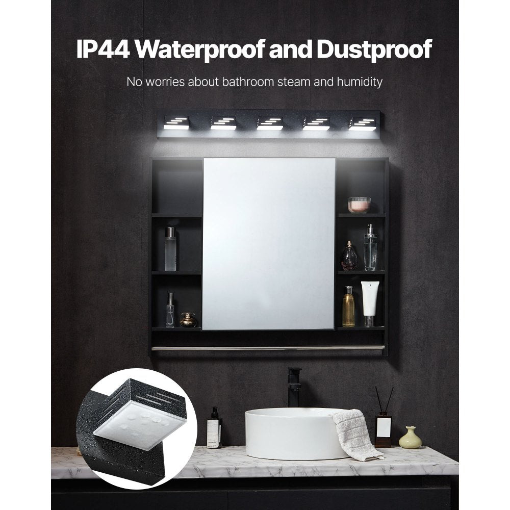 VEVOR 5-Light LED Modern Vanity Light Fixtures, 33.46-Inch, Black Finish Bathroom Wall Lighting Fixture Over Mirror, with IP44 Waterproof, for Bathroom, Living Room, Bedroom, Hallway, Cool White 6000K