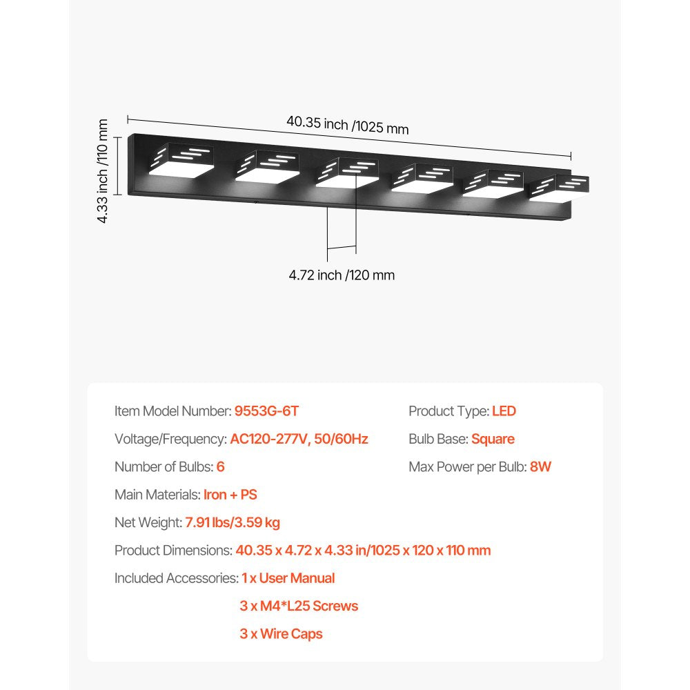 VEVOR 6-Light LED Modern Vanity Light Fixtures, 40.35-Inch, Black Finish Bathroom Wall Lighting Fixture Over Mirror, with IP44 Waterproof, for Bathroom, Living Room, Bedroom, Hallway, Cool White 6000K