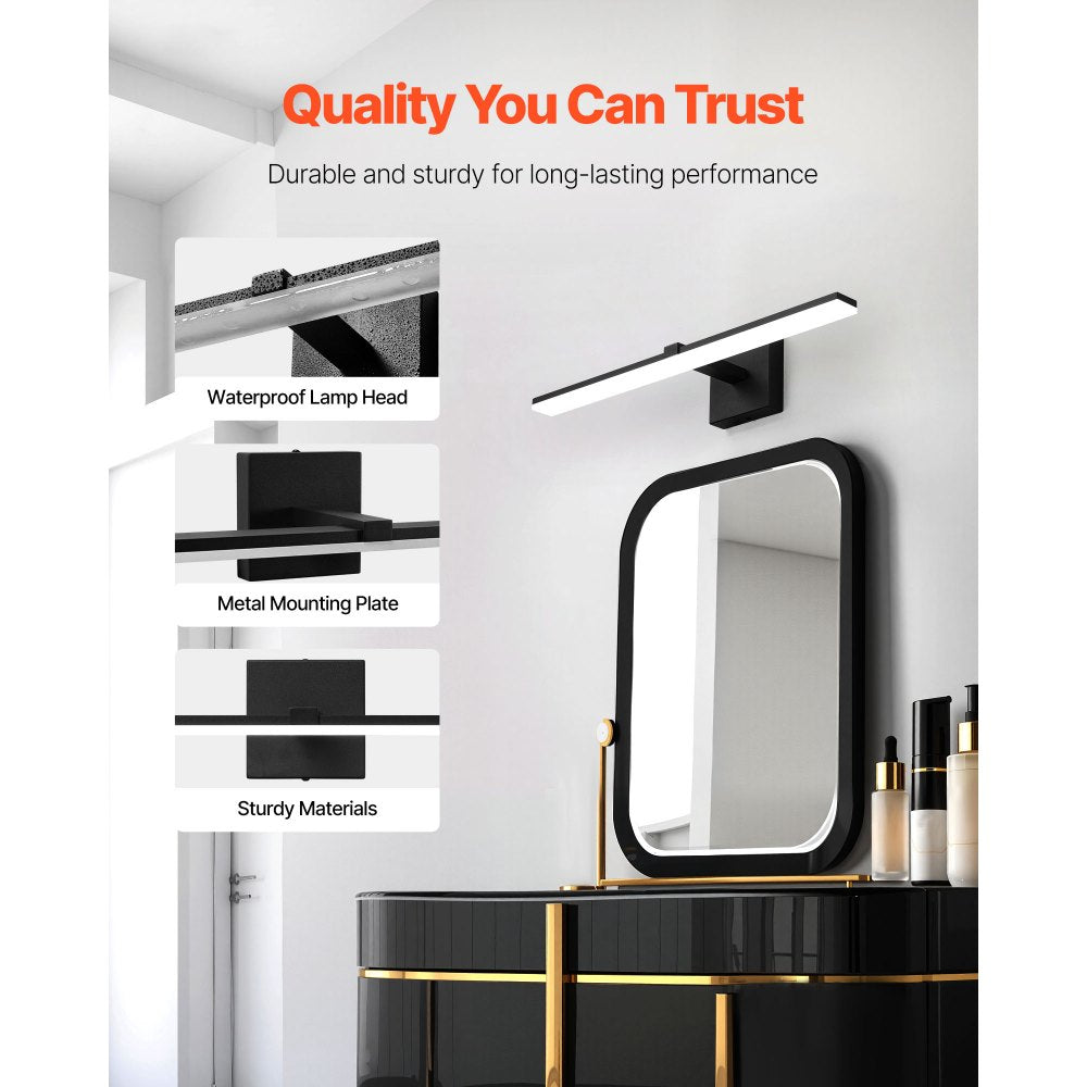 VEVOR Bathroom Vanity Light Bar, 24.02-Inch, LED Modern Light Fixture Over Mirror, with 360° Rotatable, IP44 Waterproof, 18W, 6000K, Wall Lighting for Bathroom, Living Room, Bedroom, Hallway, Black