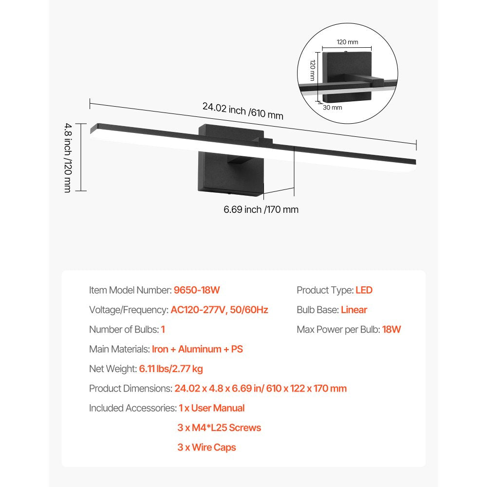 VEVOR Bathroom Vanity Light Bar, 24.02-Inch, LED Modern Light Fixture Over Mirror, with 360° Rotatable, IP44 Waterproof, 18W, 6000K, Wall Lighting for Bathroom, Living Room, Bedroom, Hallway, Black