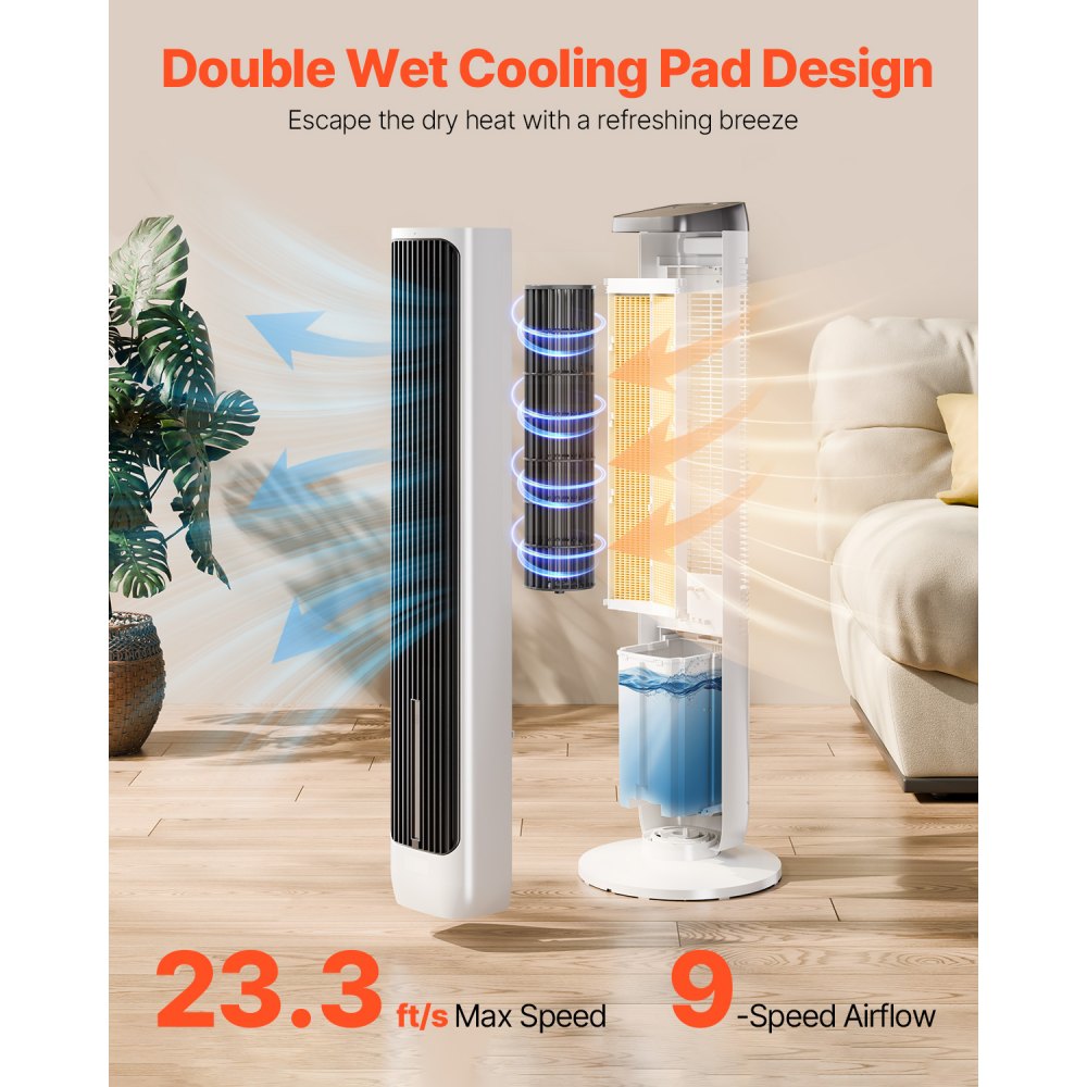 VEVOR Tower Fan, 23.3ft/s Velocity Quiet Floor Fan, 70° Oscillating Fans for Indoors with 9 Speeds, 4 Modes, 24H Timer, Portable Standing Bladeless Fan with Remote Control for Bedroom, Office, Home