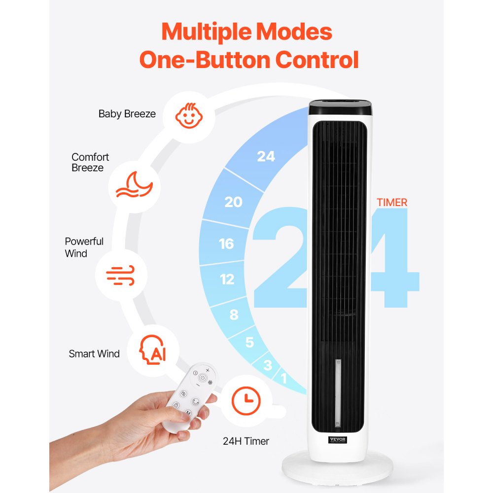 VEVOR Tower Fan, 23.3ft/s Velocity Quiet Floor Fan, 70° Oscillating Fans for Indoors with 9 Speeds, 4 Modes, 24H Timer, Portable Standing Bladeless Fan with Remote Control for Bedroom, Office, Home
