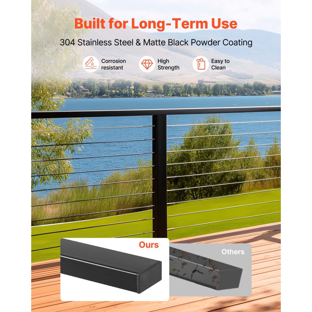 VEVOR 6.5 ft Stainless Steel Handrail, Rectangular Top Stair Deck Hand Rail for Outdoor/Indoor Steps with End Cap,Matte Black Coating Adjustable Metal Stair Rail for Cable Railing Kit