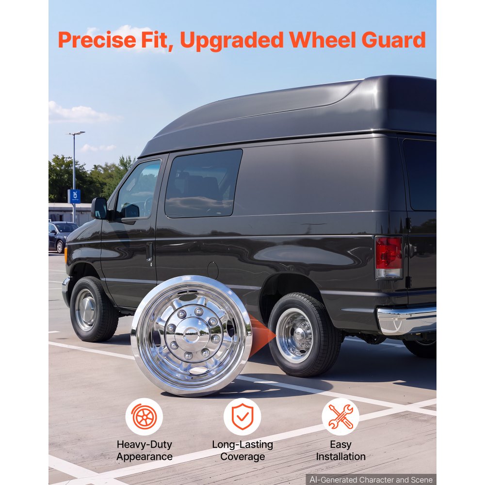 VEVOR 16-Inch Wheel Simulator 8 Lug SUS304 Stainless Steel Rear Wheel Cover, Fit 1975-2025 Ford E350, E450 Models, 4 Hand Holes, Heavy-Duty Polished Appearance, Upgrade Replacements, for Trucks RVs