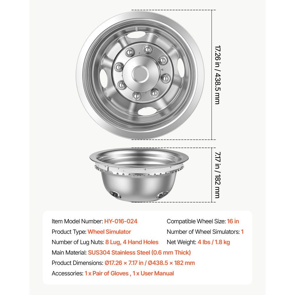 VEVOR 16-Inch Wheel Simulator 8 Lug SUS304 Stainless Steel Rear Wheel Cover, Fit 1975-2025 Ford E350, E450 Models, 4 Hand Holes, Heavy-Duty Polished Appearance, Upgrade Replacements, for Trucks RVs
