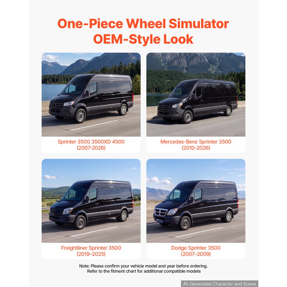 VEVOR 16-Inch Wheel Simulator 6 Lug SUS304 Stainless Steel Rear Wheel Cover, Fit for 2007-2026 Sprinter 3500, 3500XD, 4500 Models, Heavy-Duty Polished Appearance, Upgrade Replacements, for Trucks RVs