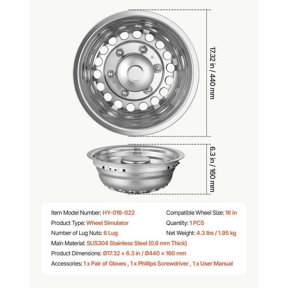 VEVOR 16-Inch Wheel Simulator 6 Lug SUS304 Stainless Steel Rear Wheel Cover, Fit for 2007-2026 Sprinter 3500, 3500XD, 4500 Models, Heavy-Duty Polished Appearance, Upgrade Replacements, for Trucks RVs