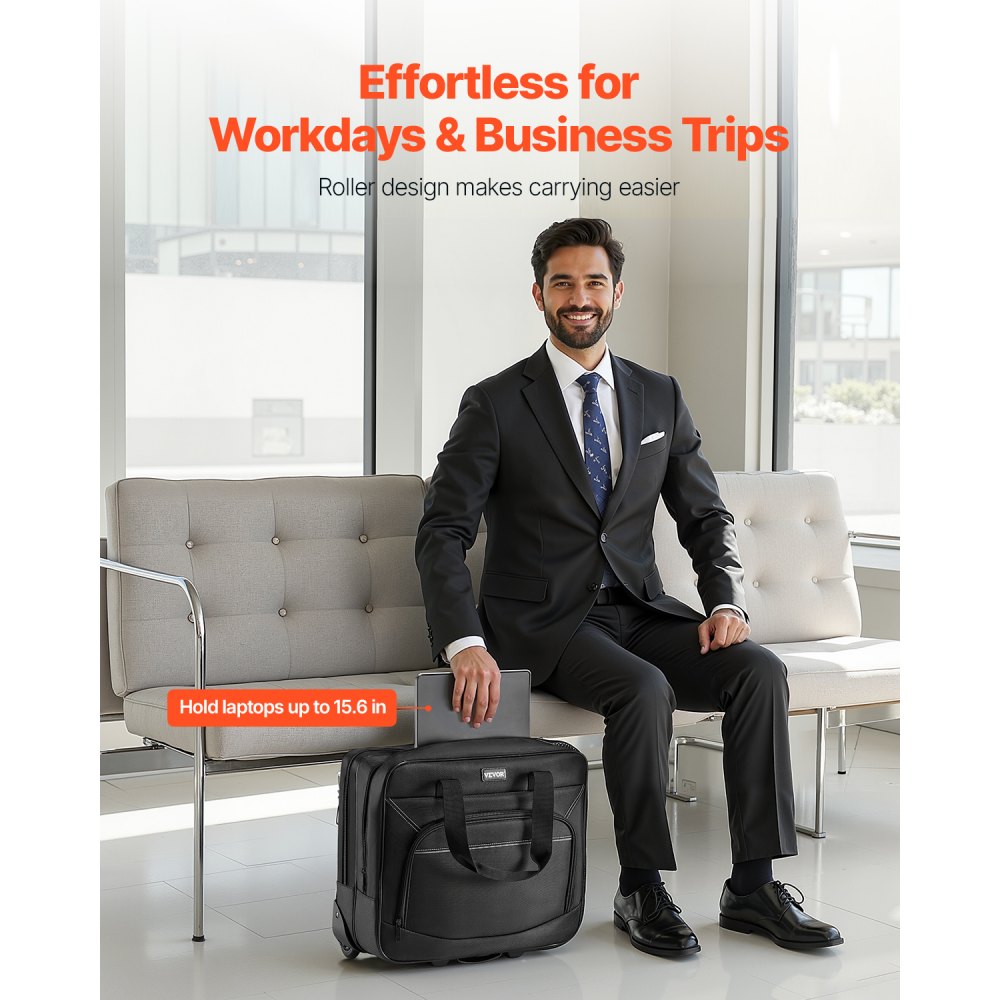 VEVOR Rolling Laptop Bag, Fits Up to 15.6 Inch Laptop, Wheeled Briefcase, Roller Computer Tote Bag with Wheels & Telescoping Handle, Laptop Case for Work Travel Business Office, Women & Men (Black)