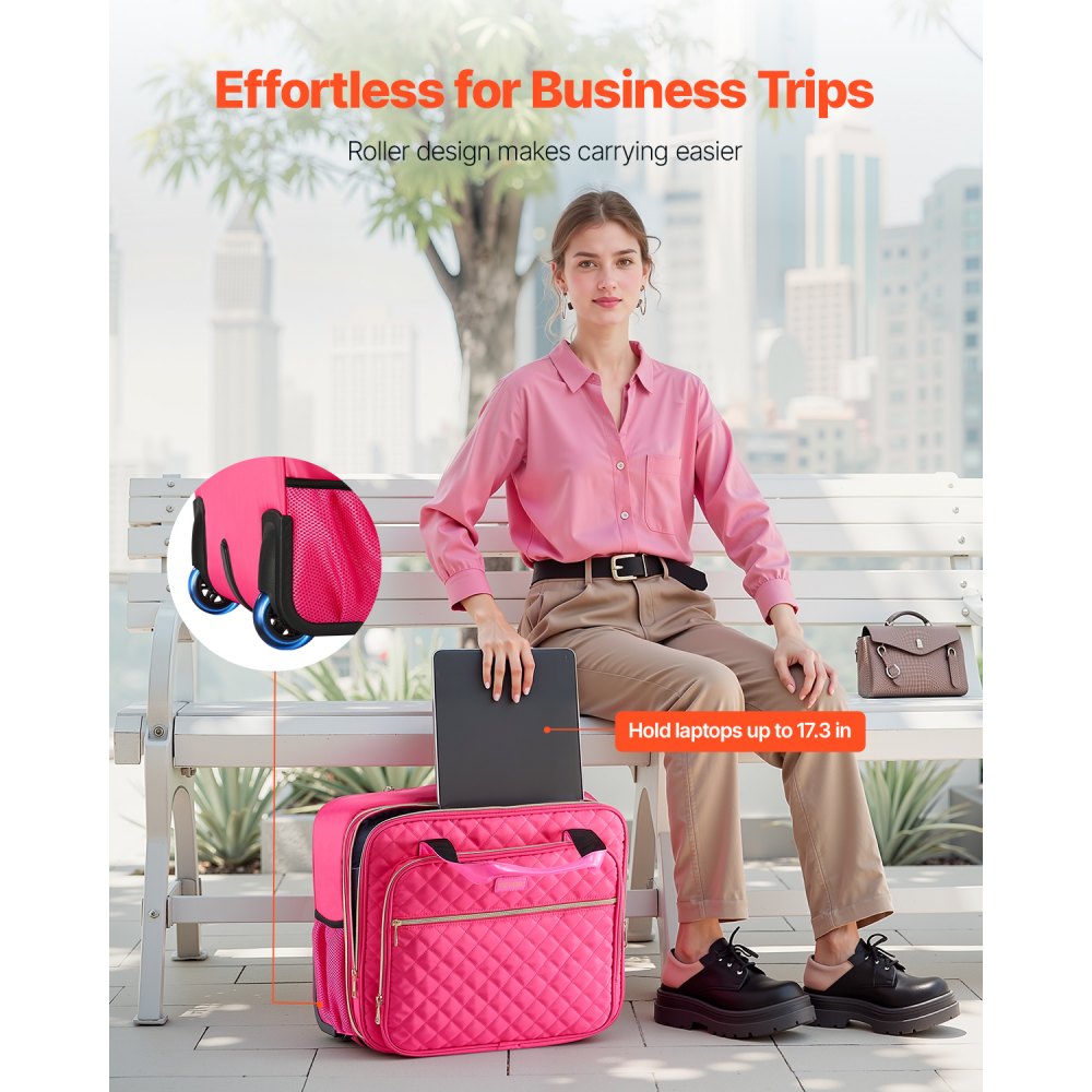VEVOR Rolling Laptop Bag, Fits Up to 17.3 Inch Laptop, Wheeled Briefcase, Roller Computer Tote Bag with 2 Fixed Wheels & Telescoping Handle, Laptop Case for Work Travel Business Office, Red