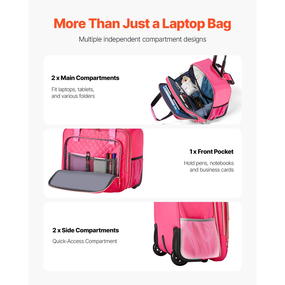 VEVOR Rolling Laptop Bag, Fits Up to 17.3 Inch Laptop, Wheeled Briefcase, Roller Computer Tote Bag with 2 Fixed Wheels & Telescoping Handle, Laptop Case for Work Travel Business Office, Red