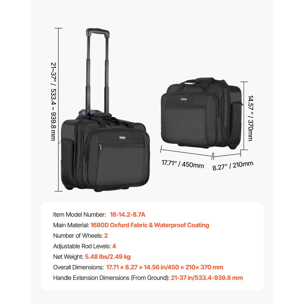 VEVOR Rolling Laptop Bag, Fits Up to 17.3 Inch Laptop, Wheeled Briefcase, Roller Computer Tote Bag with Wheels & Telescoping Handle, Laptop Case for Work Travel Business Office, Women & Men (Black)