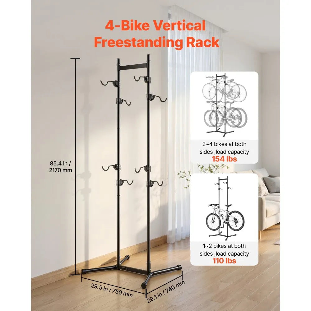 VEVOR Bike Stand for 4 Bikes, Freestanding Vertical Bike Storage Rack, with Height-Adjustable Hooks, Heavy-Duty Carbon Steel Garage Bicycle Floor Stand, Ideal for Garage, Apartment, Home, Black