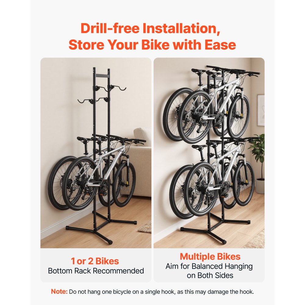 VEVOR Bike Stand for 4 Bikes, Freestanding Vertical Bike Storage Rack, with Height-Adjustable Hooks, Heavy-Duty Carbon Steel Garage Bicycle Floor Stand, Ideal for Garage, Apartment, Home, Black