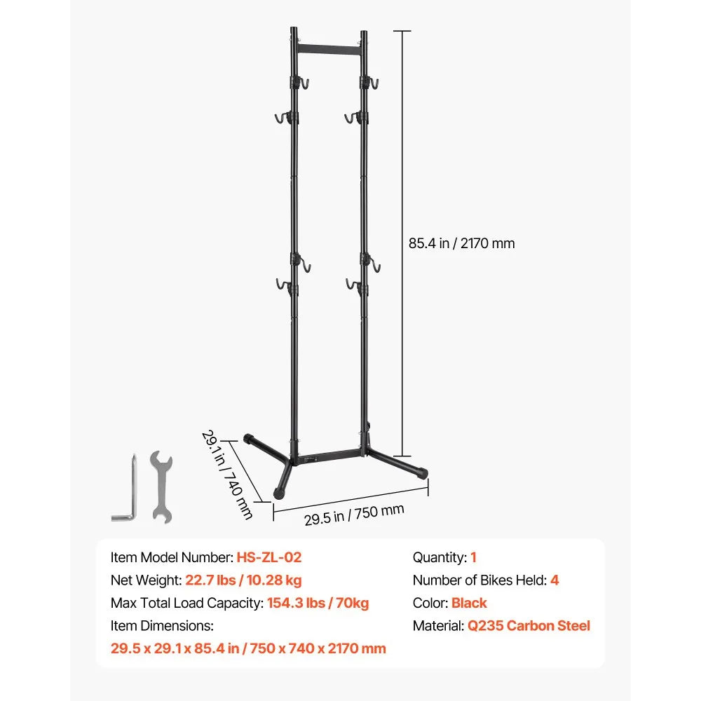 VEVOR Bike Stand for 4 Bikes, Freestanding Vertical Bike Storage Rack, with Height-Adjustable Hooks, Heavy-Duty Carbon Steel Garage Bicycle Floor Stand, Ideal for Garage, Apartment, Home, Black