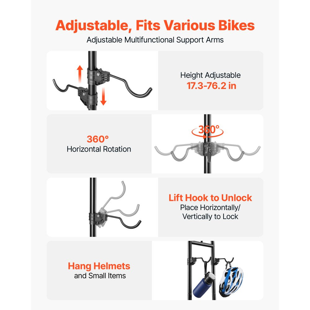VEVOR Bike Stand for 2 Bikes, Freestanding Vertical Bike Storage Rack, with Height-Adjustable Hooks, Heavy-Duty Carbon Steel Standing Bicycle Floor Stand, Ideal for Garage, Apartment, Home, Black