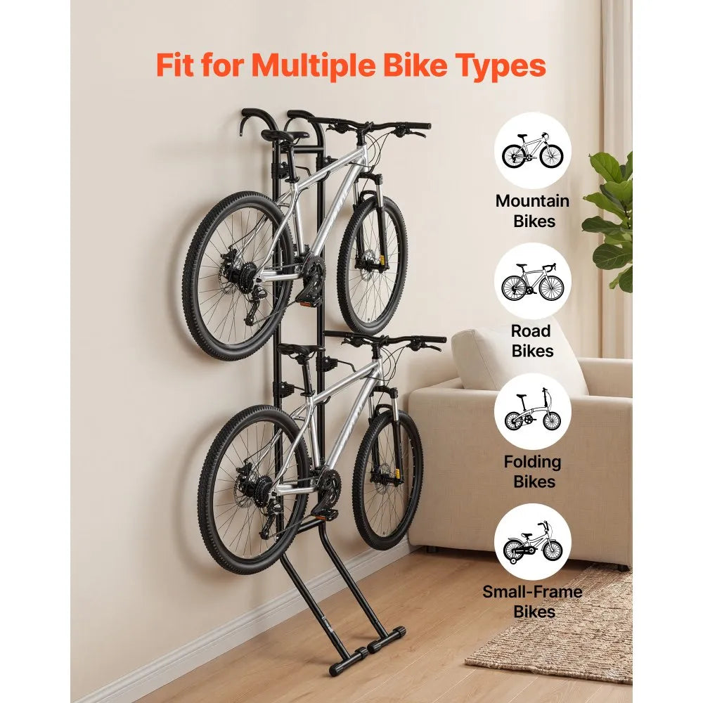 VEVOR Bike Stand for 2 Bikes, Freestanding Vertical Bike Storage Rack, with Height-Adjustable Hooks, Heavy-Duty Carbon Steel Standing Bicycle Floor Stand, Ideal for Garage, Apartment, Home, Black