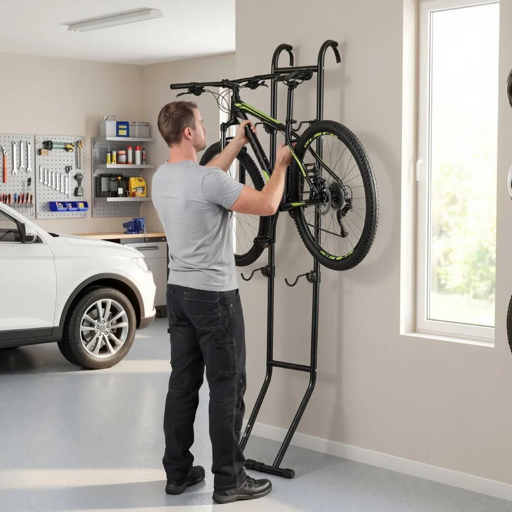 VEVOR Bike Stand for 2 Bikes, Freestanding Vertical Bike Storage Rack, with Height-Adjustable Hooks, Heavy-Duty Carbon Steel Standing Bicycle Floor Stand, Ideal for Garage, Apartment, Home, Black