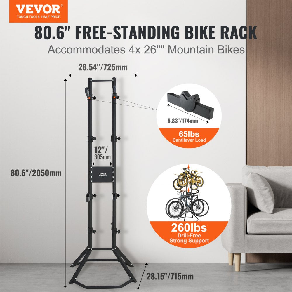 VEVOR 4 Bike Storage Rack, Free Standing Gravity Wall Vertical Bike Rack, Fully Adjustable Bike Rack Garage, Sturdy Steel & Easy Assemble, for Garage, Living Room, Shed, Holds Up to 260 lbs Black