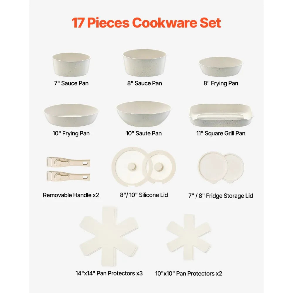 VEVOR 17 Piece Pots and Pans Set Nonstick, Detachable Handle Cookware, Space Saving Induction cookware set, Kitchen RV Cooking Sets, with Frying, Sauce, Saute, Tempered Glass Lids, Oven Safe, White