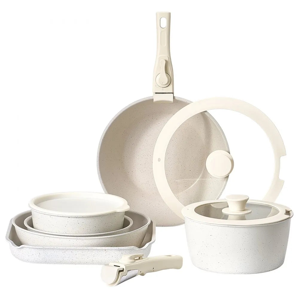 VEVOR 17 Piece Pots and Pans Set Nonstick, Detachable Handle Cookware, Space Saving Induction cookware set, Kitchen RV Cooking Sets, with Frying, Sauce, Saute, Tempered Glass Lids, Oven Safe, White