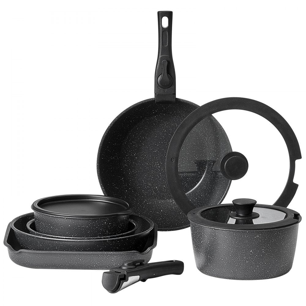 VEVOR 17 Piece Pots and Pans Set, Granite Nonstick Detachable Handle Cookware, Space Saving Induction Cookwares, Kitchen RV Cooking Sets with Frying, Sauce, Saute, Tempered Glass Lid, Oven Safe, Black