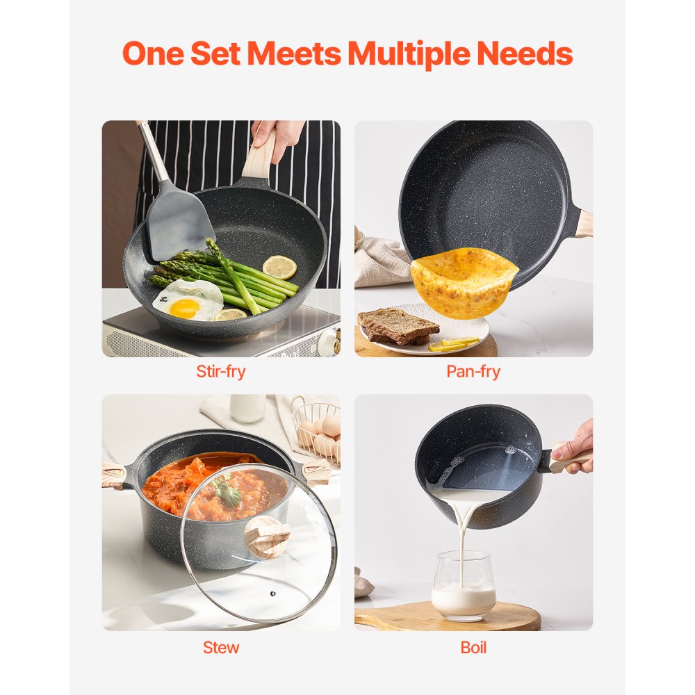 VEVOR 19 Piece Pots and Pans Set, Granite Nonstick Cookware Set, Induction Cookwares, Kitchen RV Cooking Sets with Frying, Sauce, Saute, Tempered Glass Lids, and Pan Protectors, Black