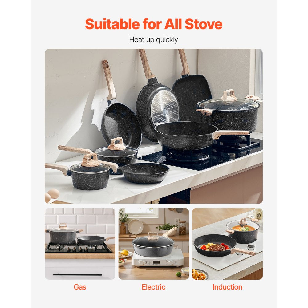 VEVOR 19 Piece Pots and Pans Set, Granite Nonstick Cookware Set, Induction Cookwares, Kitchen RV Cooking Sets with Frying, Sauce, Saute, Tempered Glass Lids, and Pan Protectors, Black