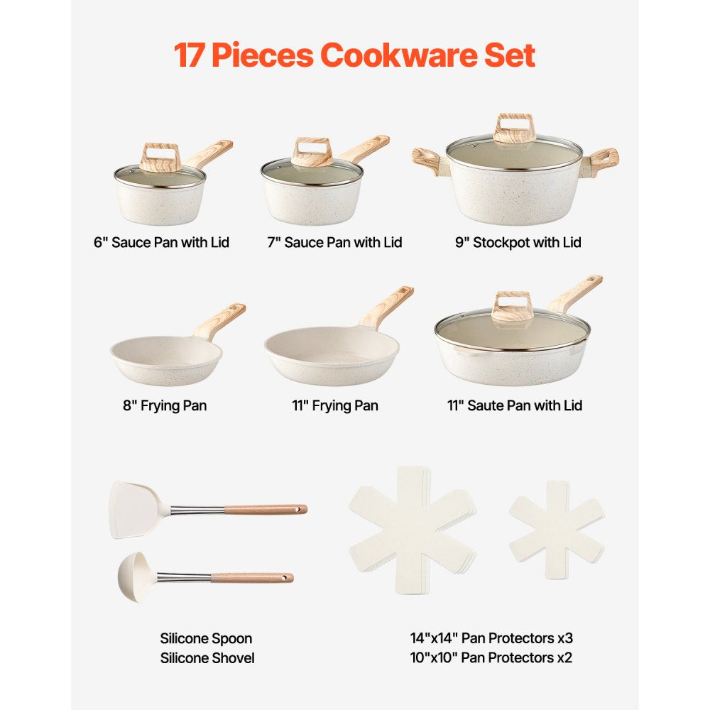 VEVOR 17 Piece Pots and Pans Set, Granite Nonstick Cookware Set, Induction Cookwares, Kitchen RV Cooking Sets with Frying, Sauce, Saute, Tempered Glass Lids, and Pan Protectors, White