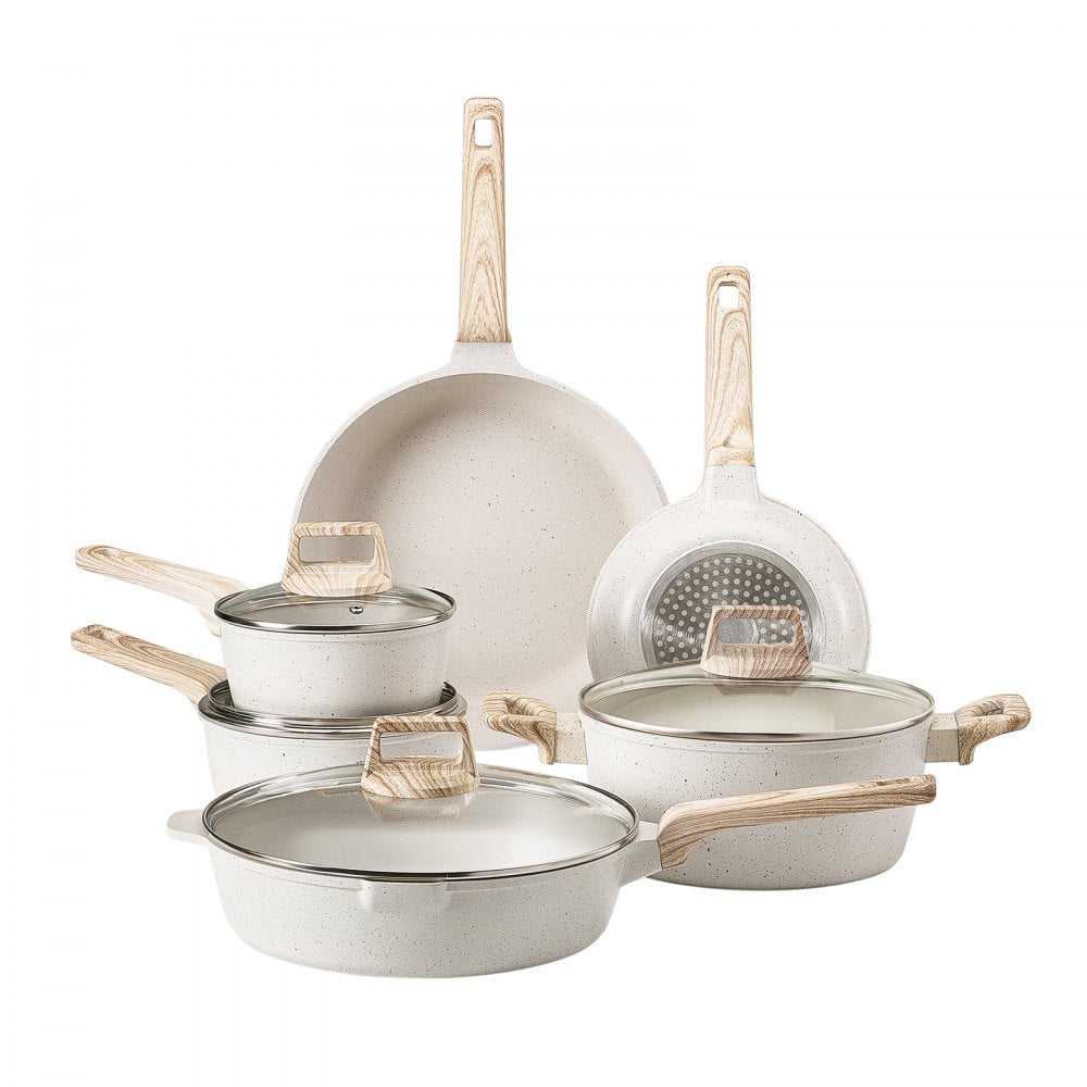 VEVOR 17 Piece Pots and Pans Set, Granite Nonstick Cookware Set, Induction Cookwares, Kitchen RV Cooking Sets with Frying, Sauce, Saute, Tempered Glass Lids, and Pan Protectors, White