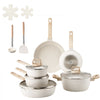 VEVOR 17 Piece Pots and Pans Set, Granite Nonstick Cookware Set, Induction Cookwares, Kitchen RV Cooking Sets with Frying, Sauce, Saute, Tempered Glass Lids, and Pan Protectors, White