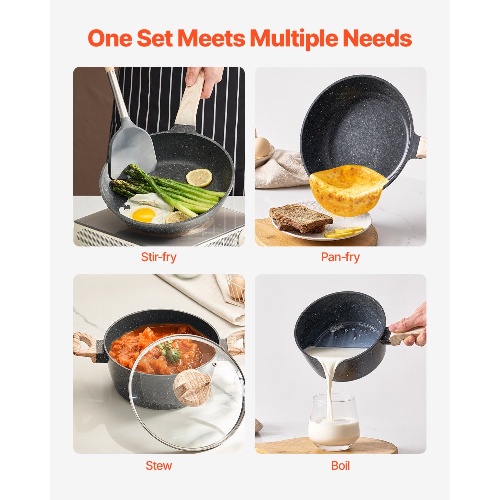 VEVOR 17 Piece Pots and Pans Set Nonstick, Granite Cookware Set, Induction Cookwares, Kitchen RV Cooking Sets with Frying, Sauce, Saute, Tempered Glass Lids, and Pan Protectors, Black