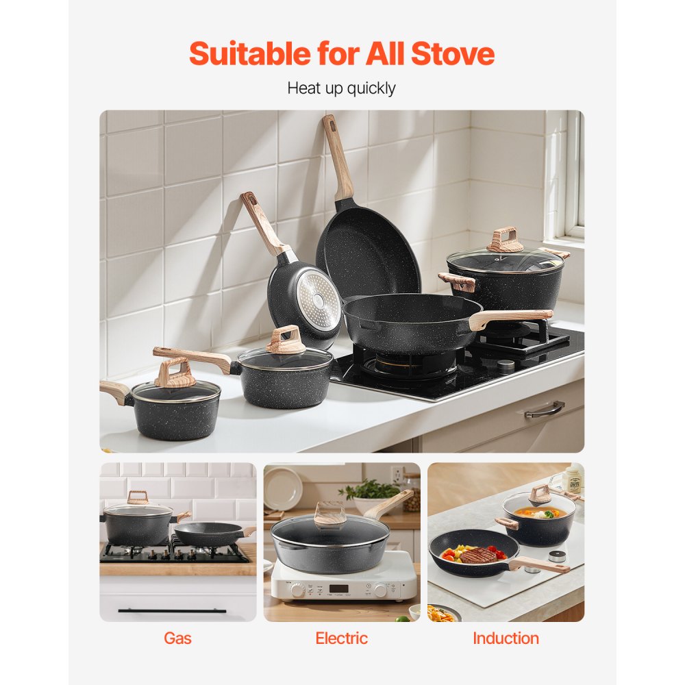 VEVOR 17 Piece Pots and Pans Set Nonstick, Granite Cookware Set, Induction Cookwares, Kitchen RV Cooking Sets with Frying, Sauce, Saute, Tempered Glass Lids, and Pan Protectors, Black