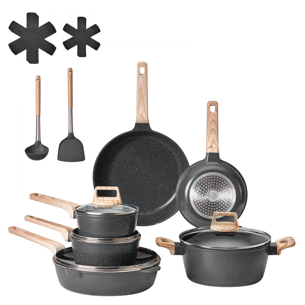 VEVOR 17 Piece Pots and Pans Set Nonstick, Granite Cookware Set, Induction Cookwares, Kitchen RV Cooking Sets with Frying, Sauce, Saute, Tempered Glass Lids, and Pan Protectors, Black