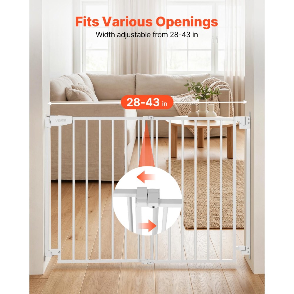 VEVOR Baby Gate for Stairs, 28-43 in Adjustable Width, 30 in High Dog Gate, No Bottom Bar, One-Handed Operation, Easy Drilling Installation with Hardware Kit, for Stairs, Doorways, and House, White