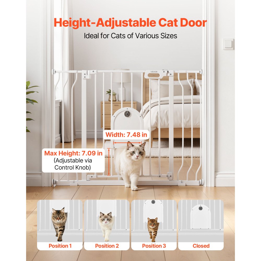VEVOR Baby Gate for Stairs, 29.5-43 in Adjustable Width, Baby Gate with Adjustable Cat Door, with Pressure Mount Kit and Wall Mount Kit, Secure Metal Pet Door for Stairs, Doorways, and House, White