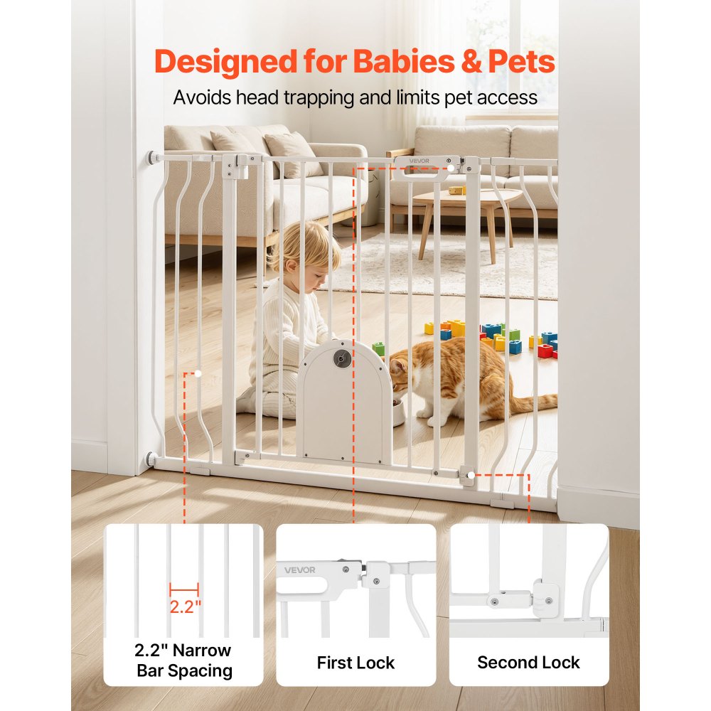VEVOR Baby Gate for Stairs, 29.5-43 in Adjustable Width, Baby Gate with Adjustable Cat Door, with Pressure Mount Kit and Wall Mount Kit, Secure Metal Pet Door for Stairs, Doorways, and House, White