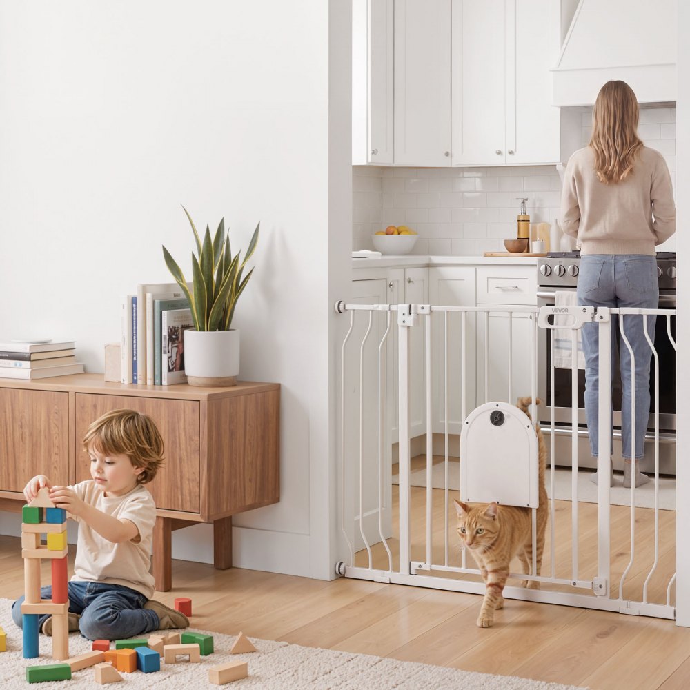 VEVOR Baby Gate for Stairs, 29.5-43 in Adjustable Width, Baby Gate with Adjustable Cat Door, with Pressure Mount Kit and Wall Mount Kit, Secure Metal Pet Door for Stairs, Doorways, and House, White