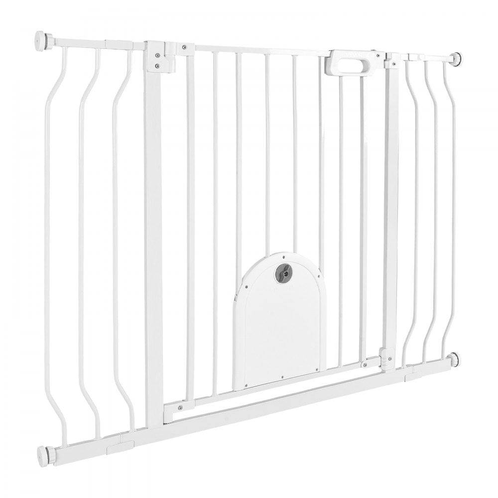 VEVOR Baby Gate for Stairs, 29.5-43 in Adjustable Width, Baby Gate with Adjustable Cat Door, with Pressure Mount Kit and Wall Mount Kit, Secure Metal Pet Door for Stairs, Doorways, and House, White