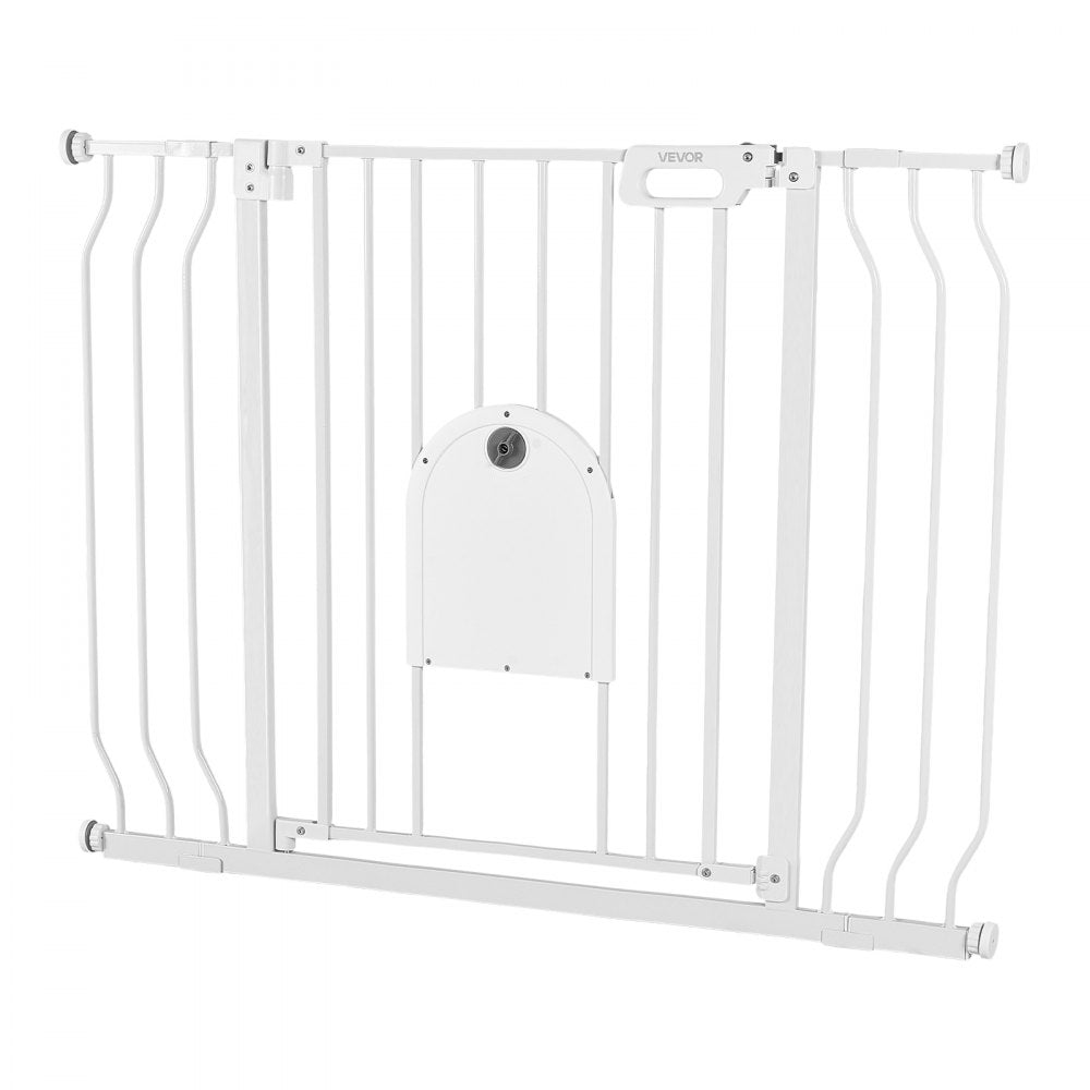 VEVOR Baby Gate for Stairs, 29.5-43 in Adjustable Width, Baby Gate with Adjustable Cat Door, with Pressure Mount Kit and Wall Mount Kit, Secure Metal Pet Door for Stairs, Doorways, and House, White