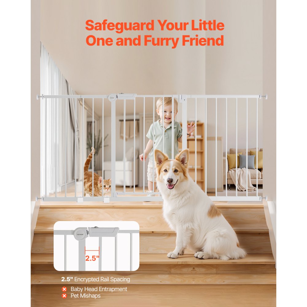VEVOR Baby Gate, 60.6-63.3 Inches Adjustable Width, 30 Inches High Dog Gate, Easy Step Walk Thru, for Child Pet Security, Pressure Mount Kit, Wall Cups, One-Hand Open, for Stairs and Doorways, White