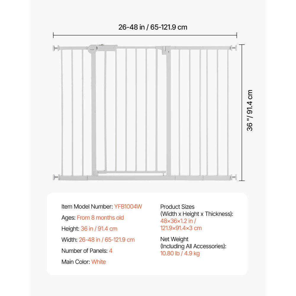 VEVOR Baby Gate, 26-48 Inches Adjustable Width, 36 Inches High Dog Gate, Easy Step Walk Thru, for Child Pet Security, Pressure Mount Kit, Wall Cups, One-Hand Open, for Stairs and Doorways, White