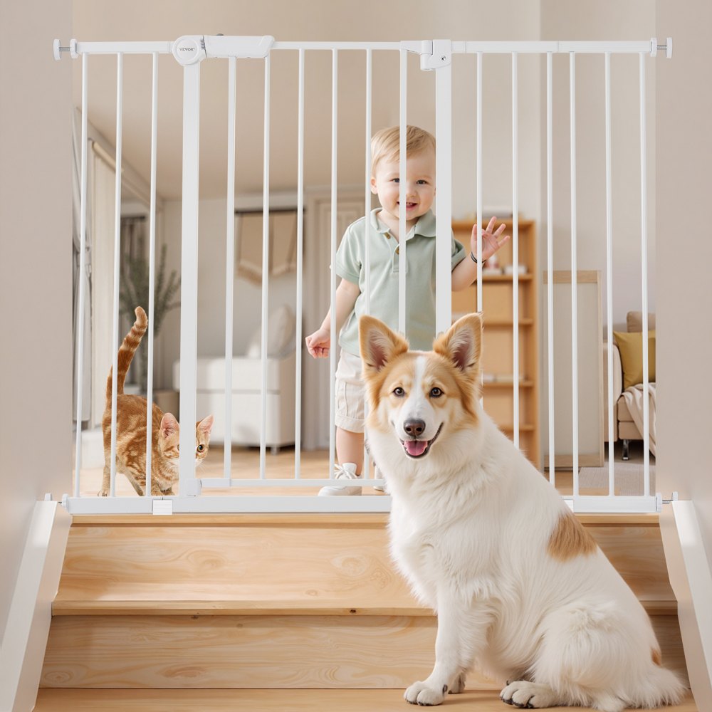 VEVOR Baby Gate, 26-48 Inches Adjustable Width, 36 Inches High Dog Gate, Easy Step Walk Thru, for Child Pet Security, Pressure Mount Kit, Wall Cups, One-Hand Open, for Stairs and Doorways, White