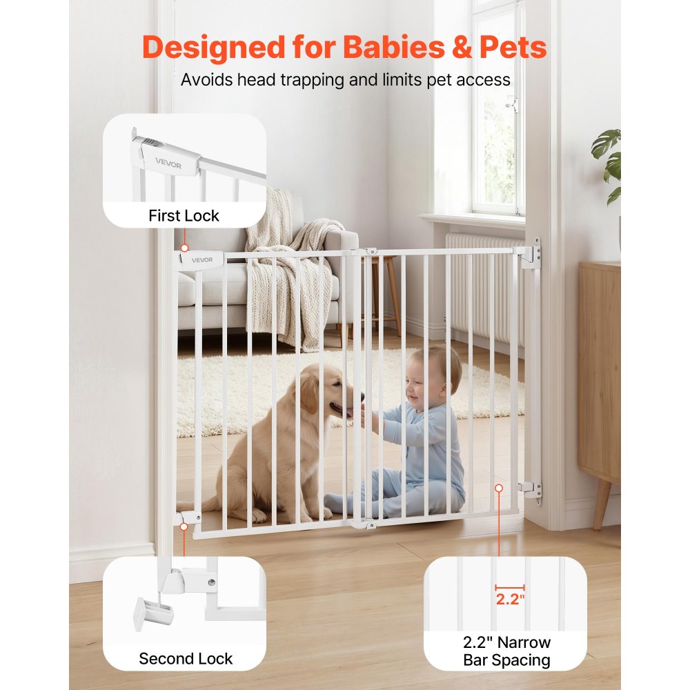 VEVOR Baby Gate for Stairs, 29-43 in Adjustable Width, 36 in High Dog Gate, No Bottom Bar, One-Handed Operation, Easy Drilling Installation with Hardware Kit, for Stairs, Doorways, and House, White