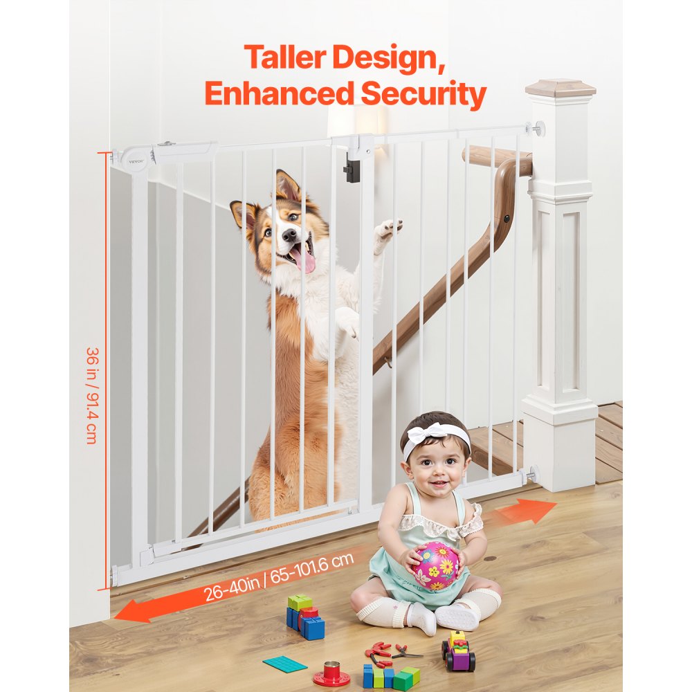 VEVOR Baby Gate, 26-40 Inches Adjustable Width, 36 Inches High Dog Gate, Easy Step Walk Thru, for Child Pet Security, Pressure Mount Kit, Wall Cups, One-Hand Open, for Stairs and Doorways, White