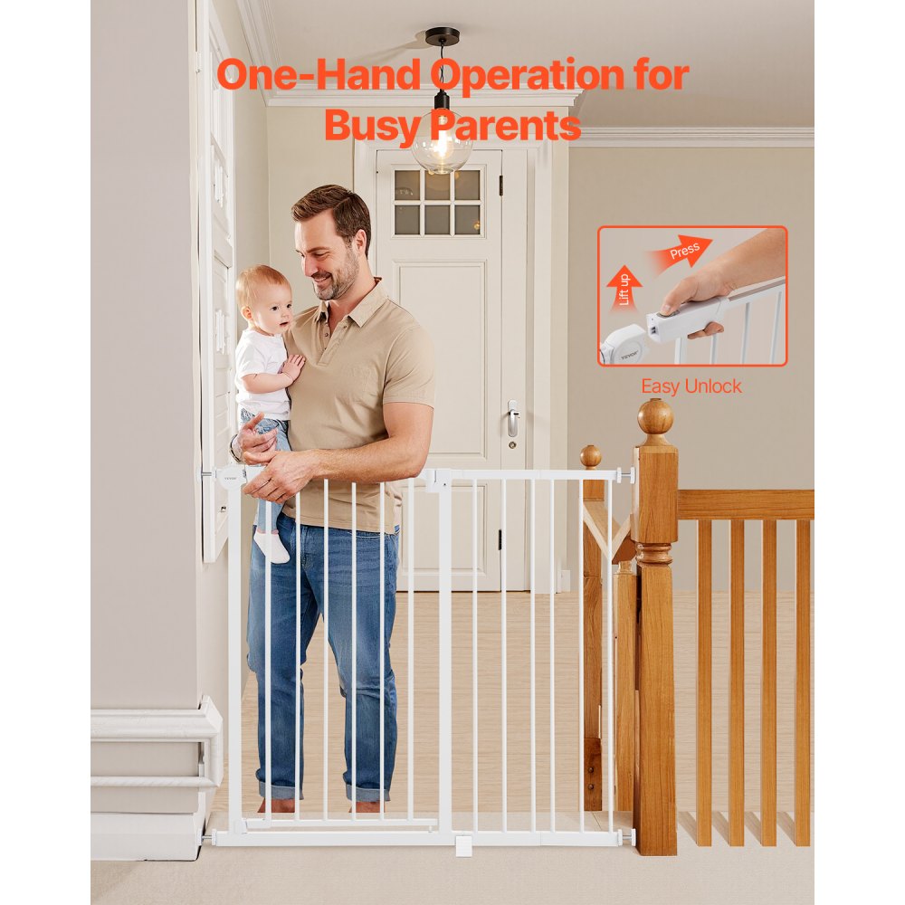 VEVOR Baby Gate, 26-40 Inches Adjustable Width, 36 Inches High Dog Gate, Easy Step Walk Thru, for Child Pet Security, Pressure Mount Kit, Wall Cups, One-Hand Open, for Stairs and Doorways, White