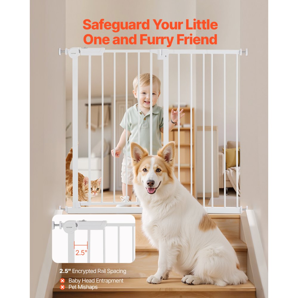 VEVOR Baby Gate, 26-40 Inches Adjustable Width, 36 Inches High Dog Gate, Easy Step Walk Thru, for Child Pet Security, Pressure Mount Kit, Wall Cups, One-Hand Open, for Stairs and Doorways, White