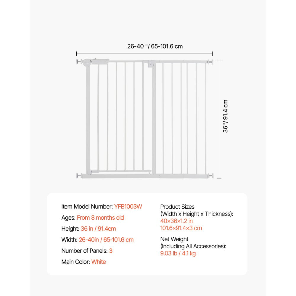 VEVOR Baby Gate, 26-40 Inches Adjustable Width, 36 Inches High Dog Gate, Easy Step Walk Thru, for Child Pet Security, Pressure Mount Kit, Wall Cups, One-Hand Open, for Stairs and Doorways, White